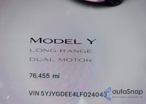 2020 Tesla Model Y Long Range Dual Motor All-Wheel Drive z USA, uszkodzony, nr VIN 5YJYGDEE4LF024043